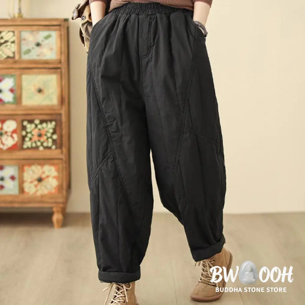 Buddha Stones Winter Plain High Waist Cotton Women’s Harem Thermal Elastic Waist Pants With Pockets - Women’s Harem