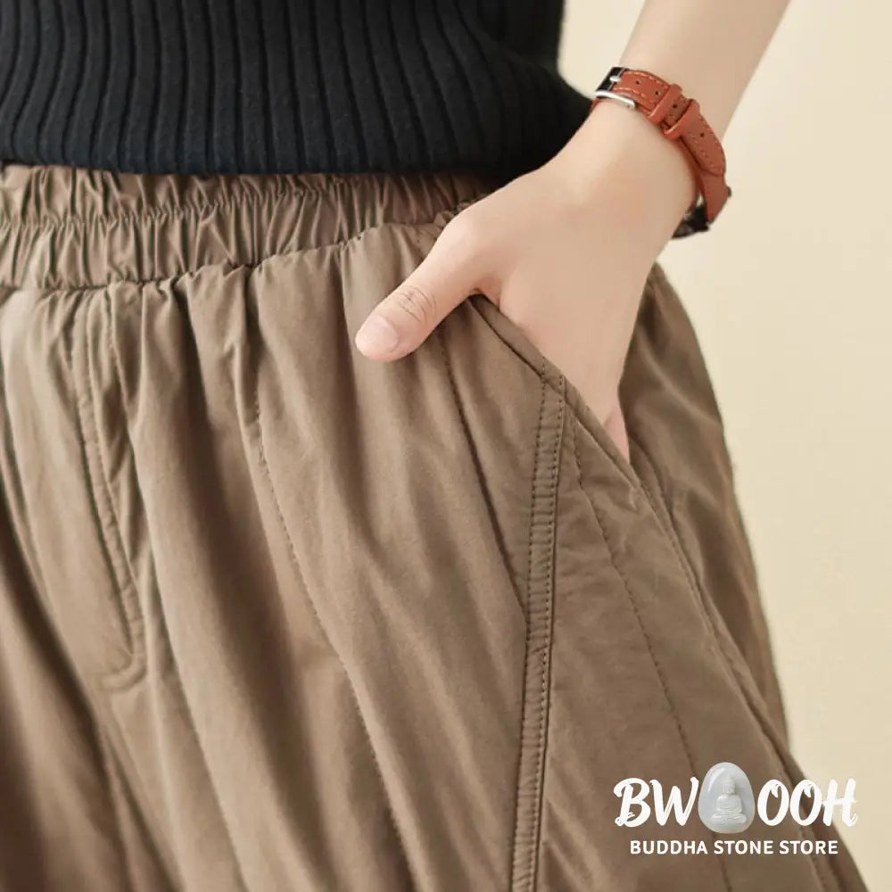 Buddha Stones Winter Plain High Waist Cotton Women’s Harem Thermal Elastic Waist Pants With Pockets - Women’s Harem