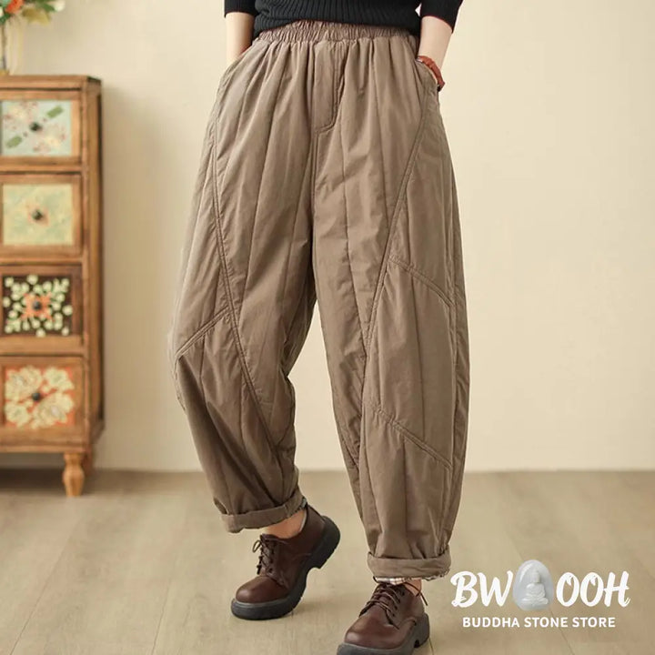 Buddha Stones Winter Plain High Waist Cotton Women’s Harem Thermal Elastic Waist Pants With Pockets - Women’s Harem