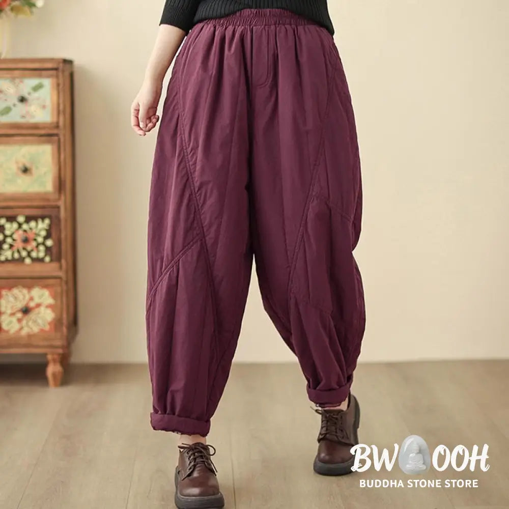 Buddha Stones Winter Plain High Waist Cotton Women’s Harem Thermal Elastic Waist Pants With Pockets - Women’s Harem