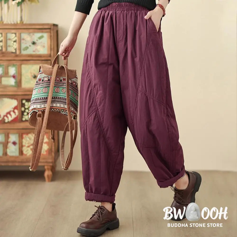 Buddha Stones Winter Plain High Waist Cotton Women’s Harem Thermal Elastic Waist Pants With Pockets - Women’s Harem