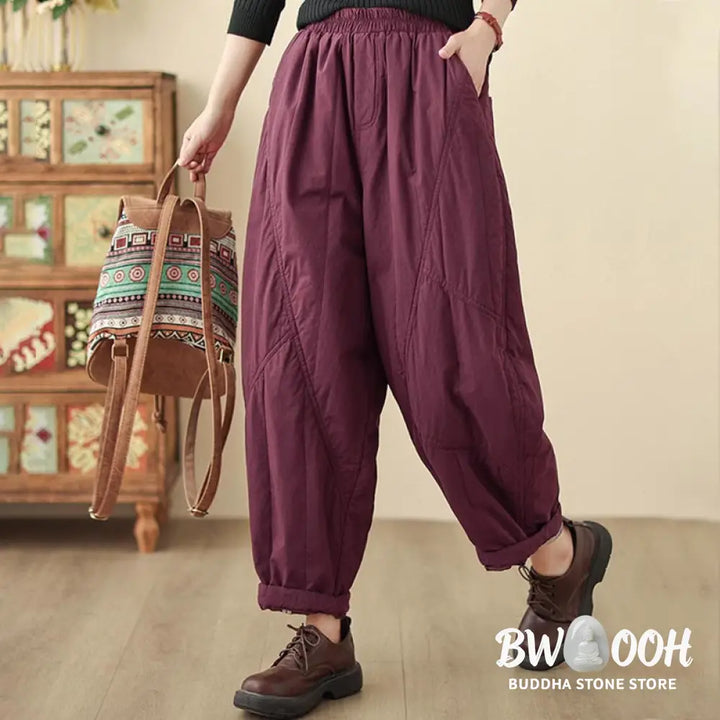 Buddha Stones Winter Plain High Waist Cotton Women’s Harem Thermal Elastic Waist Pants With Pockets - Women’s Harem