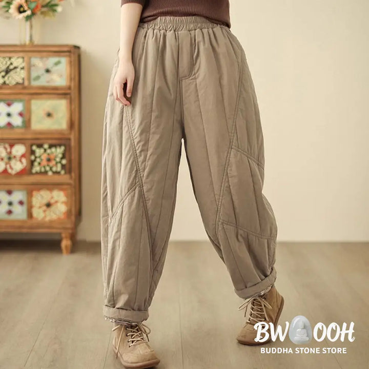 Buddha Stones Winter Plain High Waist Cotton Women’s Harem Thermal Elastic Waist Pants With Pockets - Women’s Harem