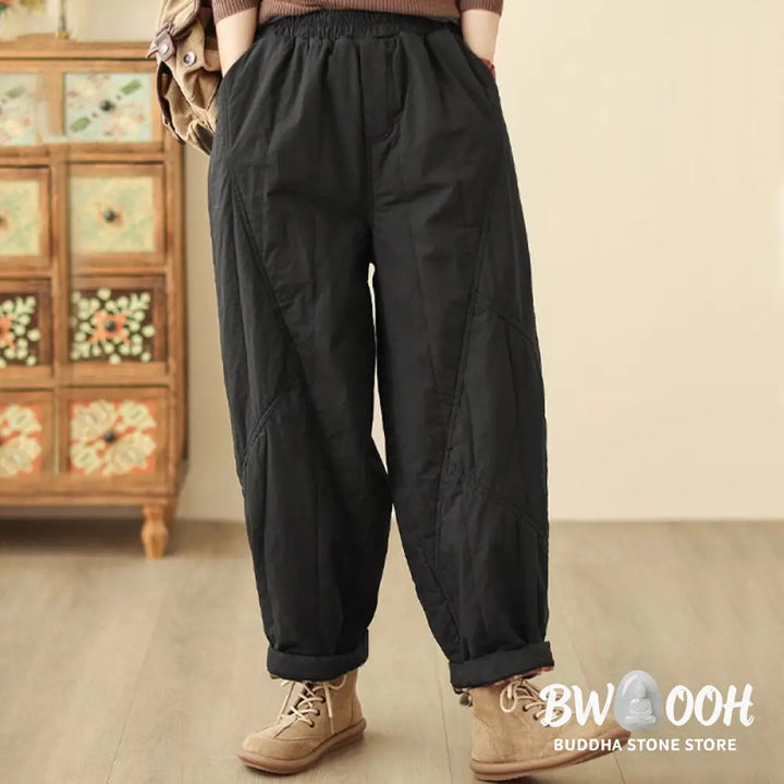 Buddha Stones Winter Plain High Waist Cotton Women’s Harem Thermal Elastic Waist Pants With Pockets - Women’s Harem