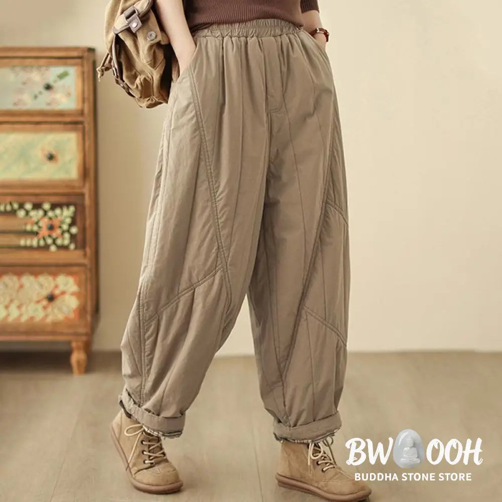 Buddha Stones Winter Plain High Waist Cotton Women’s Harem Thermal Elastic Waist Pants With Pockets - Women’s Harem