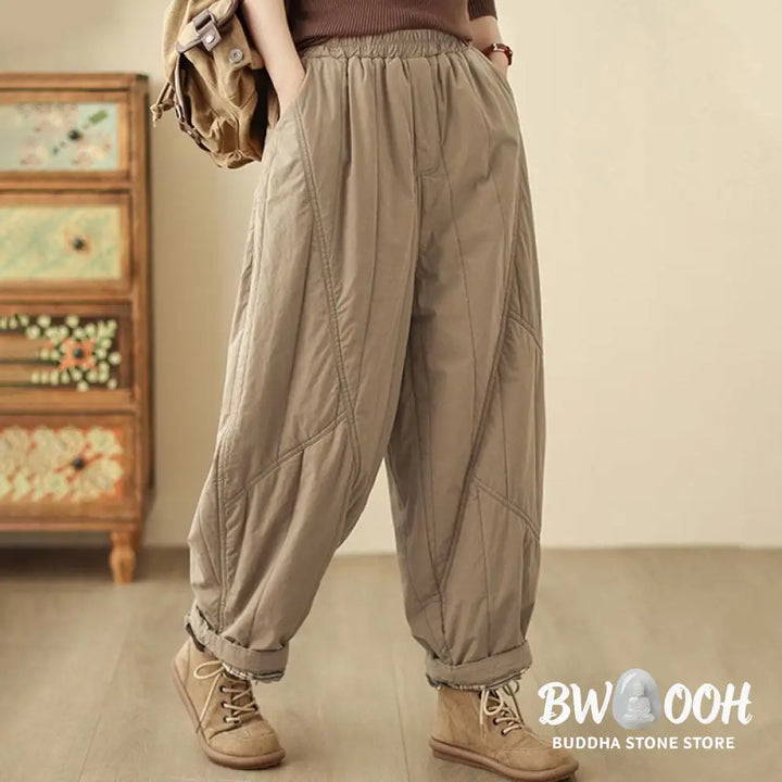 Buddha Stones Winter Plain High Waist Cotton Women’s Harem Thermal Elastic Waist Pants With Pockets - Women’s Harem