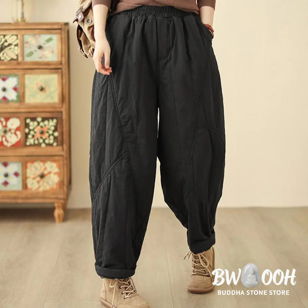 Buddha Stones Winter Plain High Waist Cotton Women’s Harem Thermal Elastic Waist Pants With Pockets - Women’s Harem