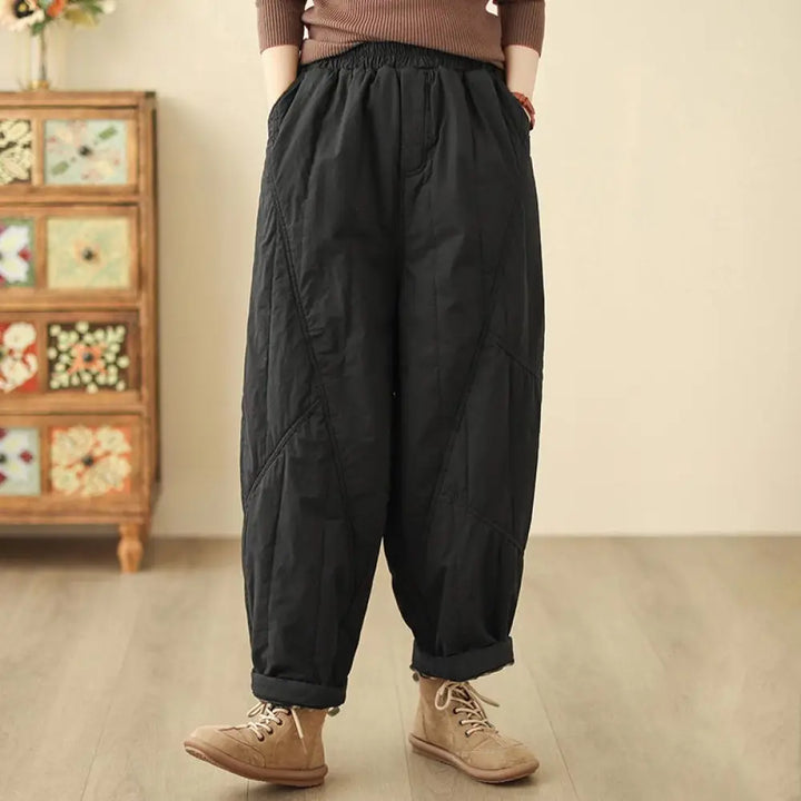 Buddha Stones Winter Plain High Waist Cotton Women’s Harem Thermal Elastic Waist Pants With Pockets - Black