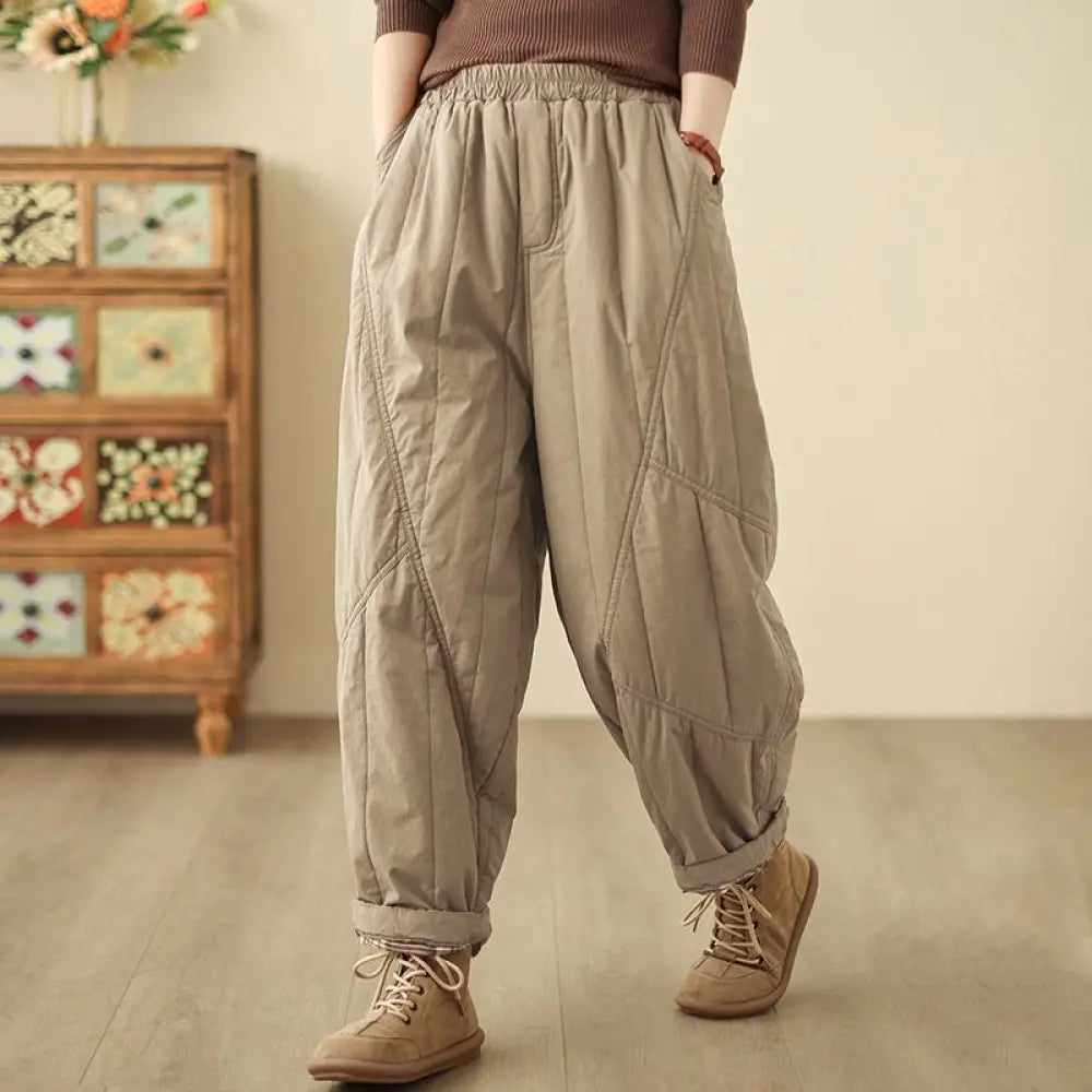 Buddha Stones Winter Plain High Waist Cotton Women’s Harem Thermal Elastic Waist Pants With Pockets - BurlyWood