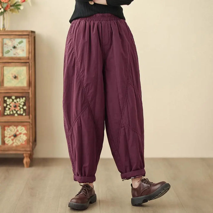 Buddha Stones Winter Plain High Waist Cotton Women’s Harem Thermal Elastic Waist Pants With Pockets - DarkMagenta