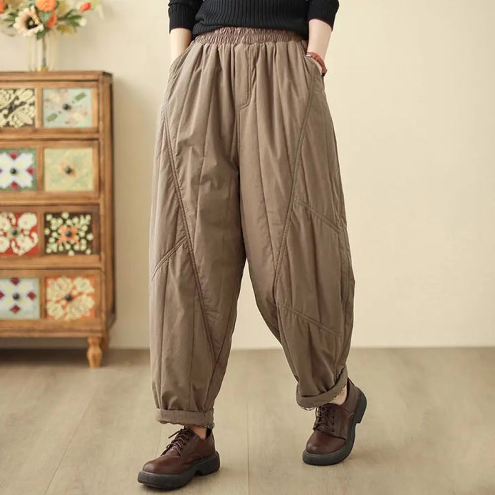 Buddha Stones Winter Plain High Waist Cotton Women’s Harem Thermal Elastic Waist Pants With Pockets - Peru