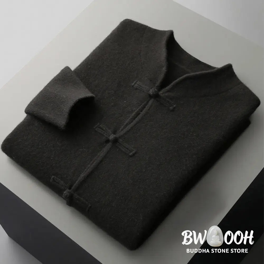 Buddha Stones Winter Solid Color Chinese Frog-Button Men’s Wool Long Sleeve Sweater - Men’s Sweater