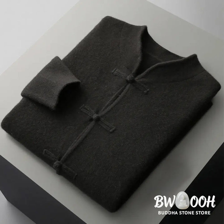 Buddha Stones Winter Solid Color Chinese Frog-Button Men’s Wool Long Sleeve Sweater - Men’s Sweater