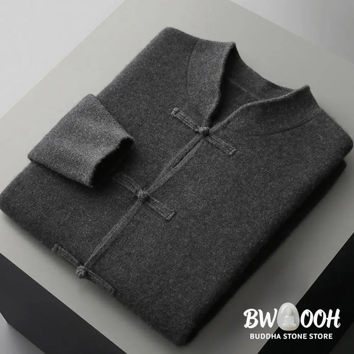 Buddha Stones Winter Solid Color Chinese Frog-Button Men’s Wool Long Sleeve Sweater - Men’s Sweater