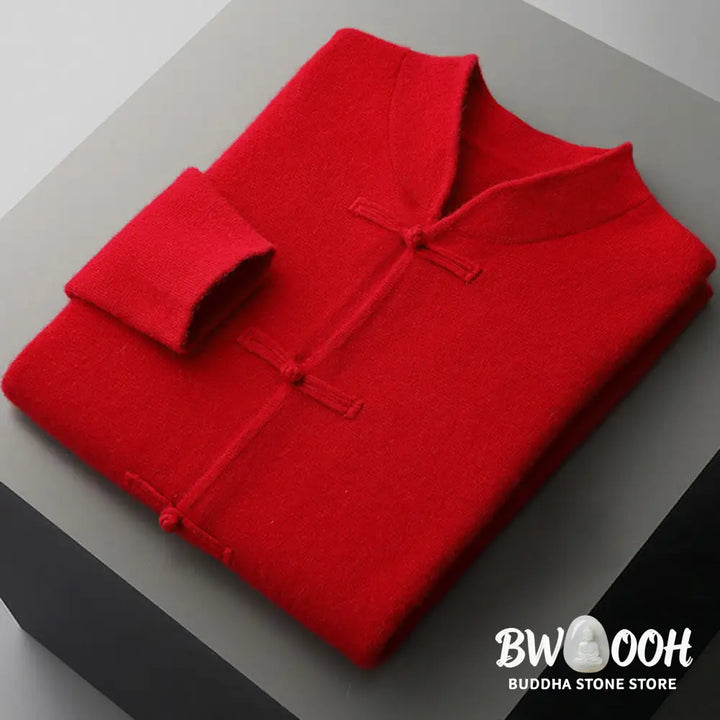 Buddha Stones Winter Solid Color Chinese Frog-Button Men’s Wool Long Sleeve Sweater - Men’s Sweater