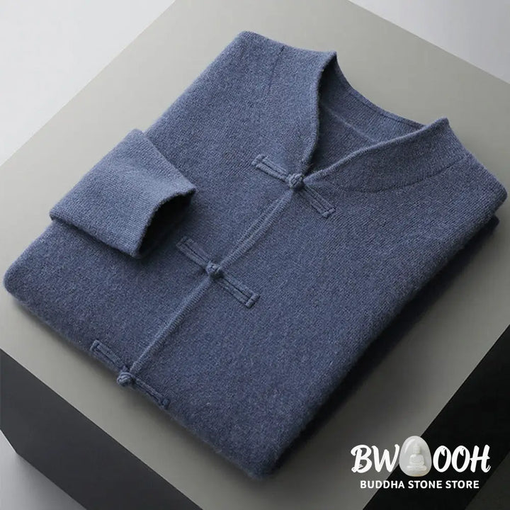 Buddha Stones Winter Solid Color Chinese Frog-Button Men’s Wool Long Sleeve Sweater - Men’s Sweater