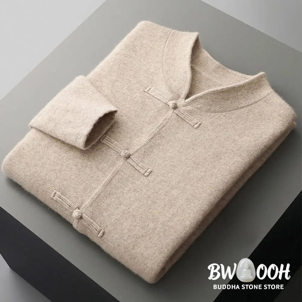 Buddha Stones Winter Solid Color Chinese Frog-Button Men’s Wool Long Sleeve Sweater - Men’s Sweater