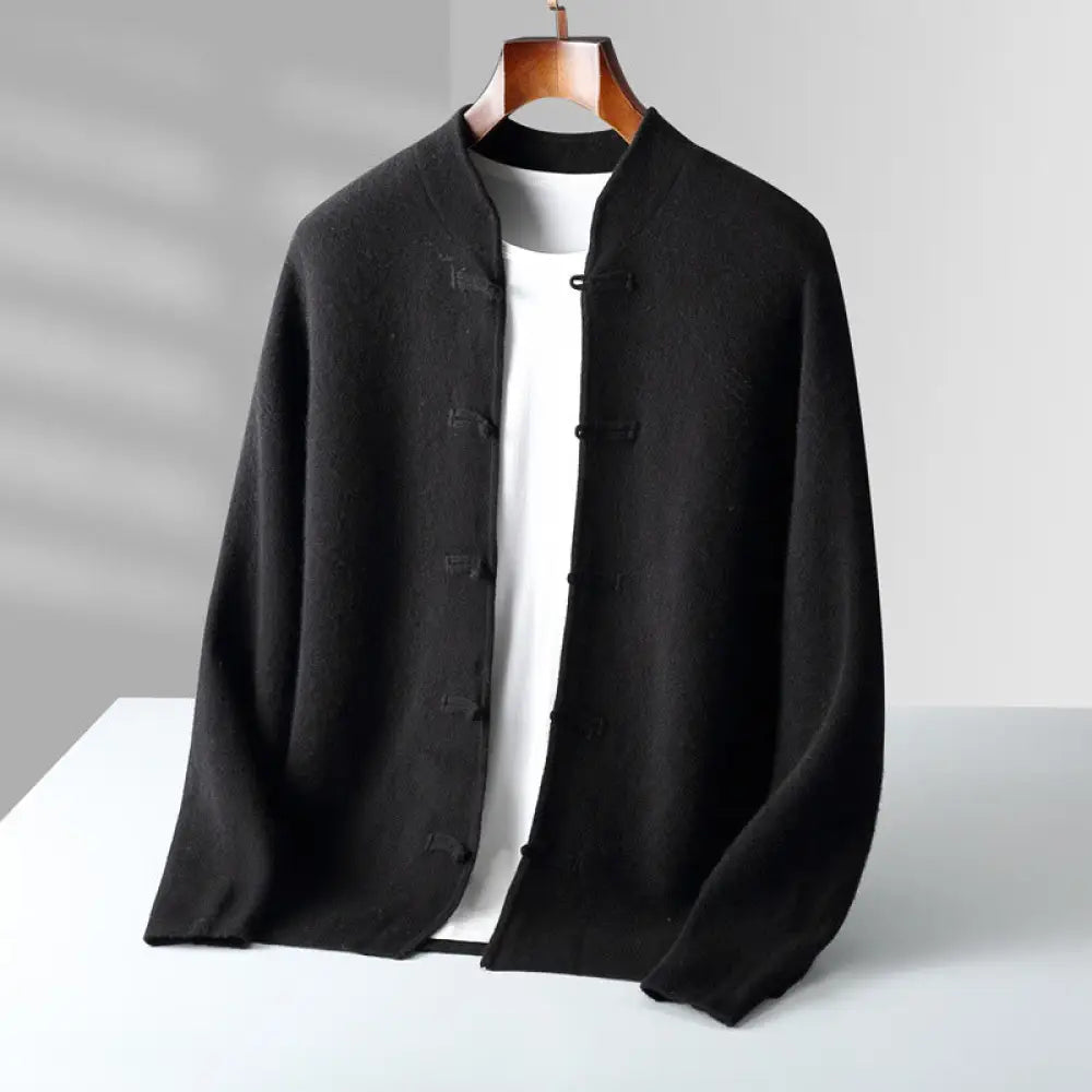Buddha Stones Winter Solid Color Chinese Frog-Button Men’s Wool Long Sleeve Sweater - Black / US/UK/AU36，EU46 (L)