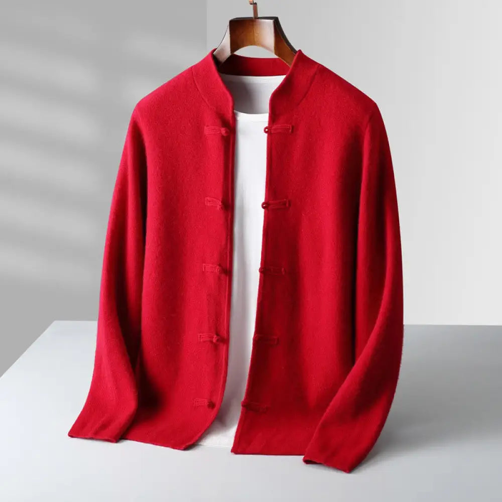 Buddha Stones Winter Solid Color Chinese Frog-Button Men’s Wool Long Sleeve Sweater - Red / US/UK/AU36，EU46 (L) - Men’s