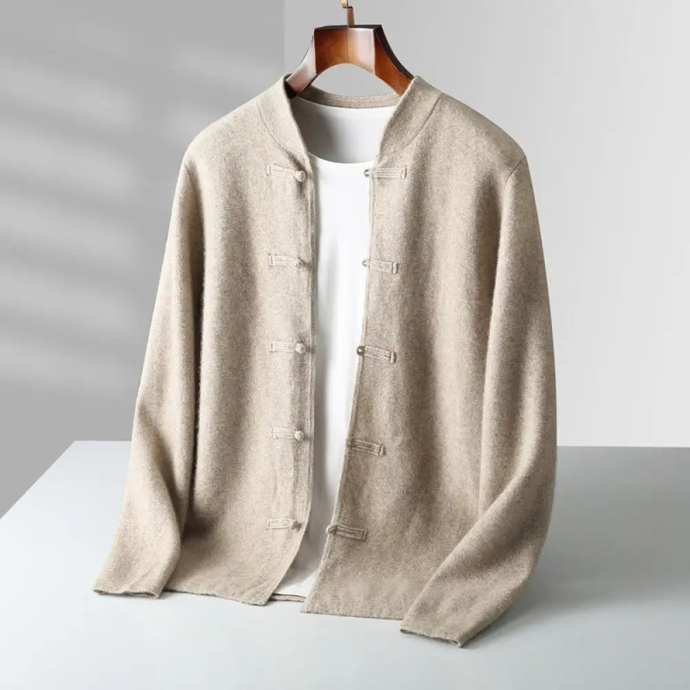 Buddha Stones Winter Solid Color Chinese Frog-Button Men’s Wool Long Sleeve Sweater - Tan / US/UK/AU36，EU46 (L) - Men’s