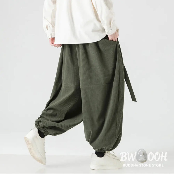 Buddha Stones Winter Solid Color Men’s Harem Pure Cotton Corduroy Pants With Pockets - Men’s Harem Pants