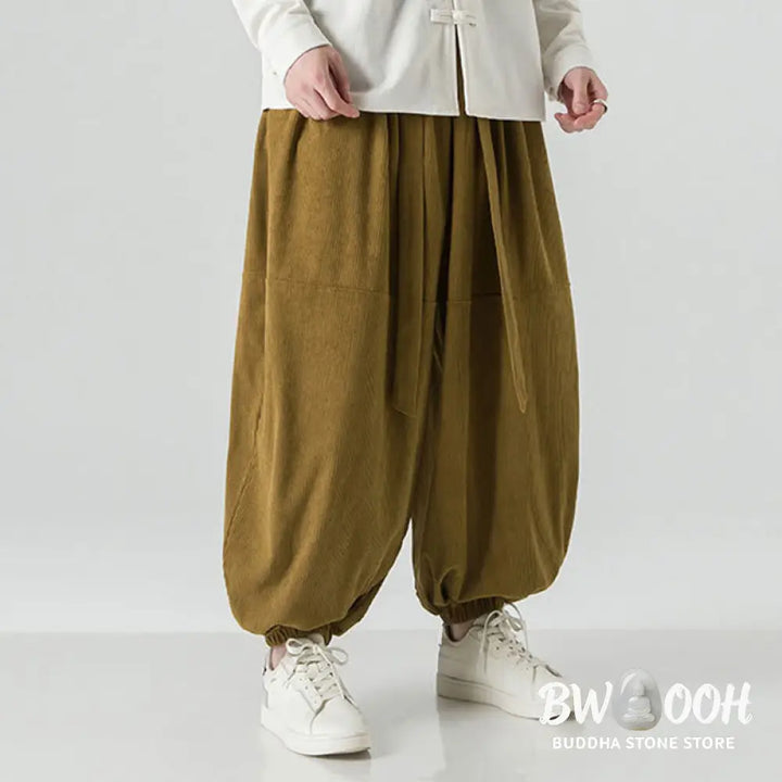 Buddha Stones Winter Solid Color Men’s Harem Pure Cotton Corduroy Pants With Pockets - Men’s Harem Pants