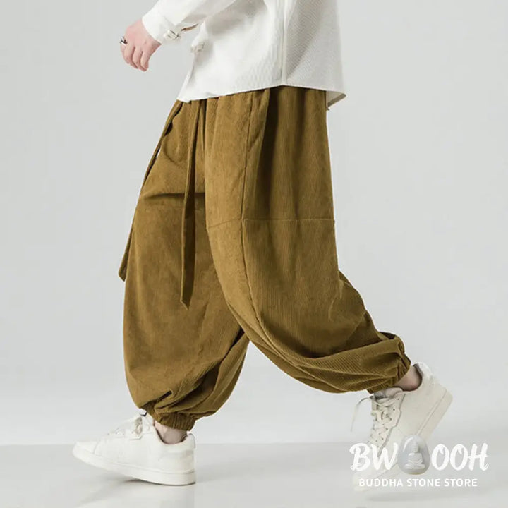 Buddha Stones Winter Solid Color Men’s Harem Pure Cotton Corduroy Pants With Pockets - Men’s Harem Pants