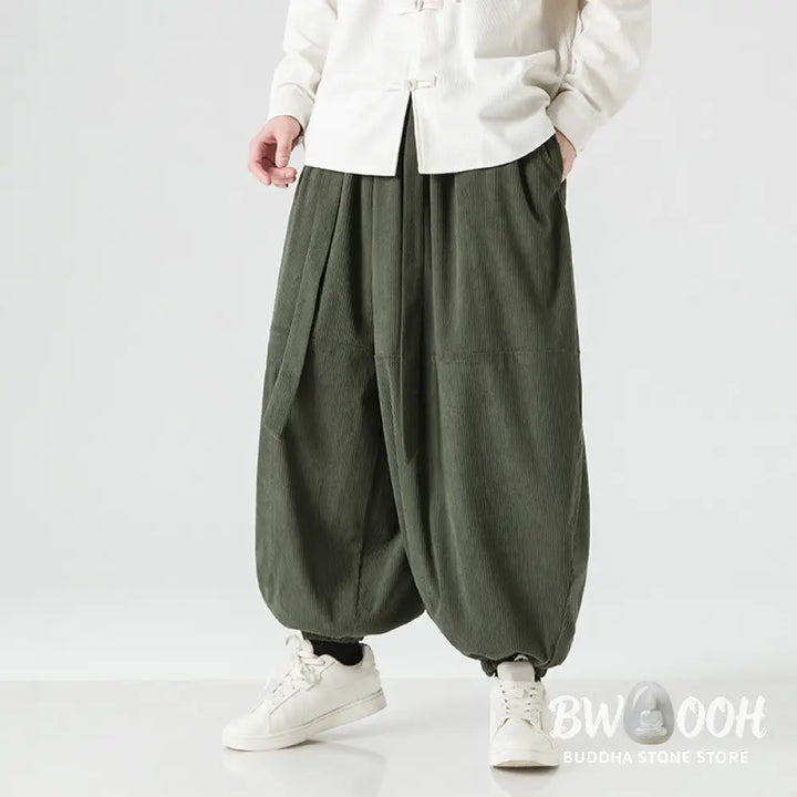 Buddha Stones Winter Solid Color Men’s Harem Pure Cotton Corduroy Pants With Pockets - Men’s Harem Pants