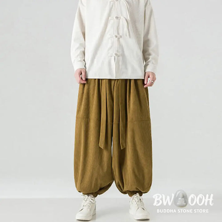 Buddha Stones Winter Solid Color Men’s Harem Pure Cotton Corduroy Pants With Pockets - Men’s Harem Pants