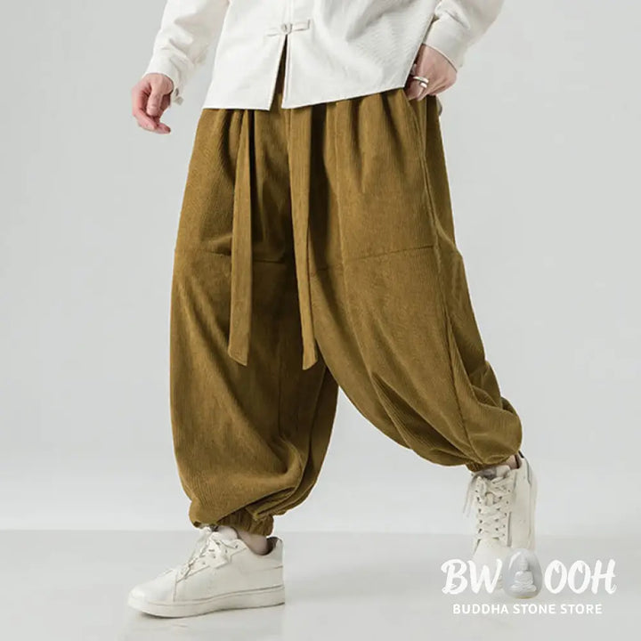 Buddha Stones Winter Solid Color Men’s Harem Pure Cotton Corduroy Pants With Pockets - Men’s Harem Pants