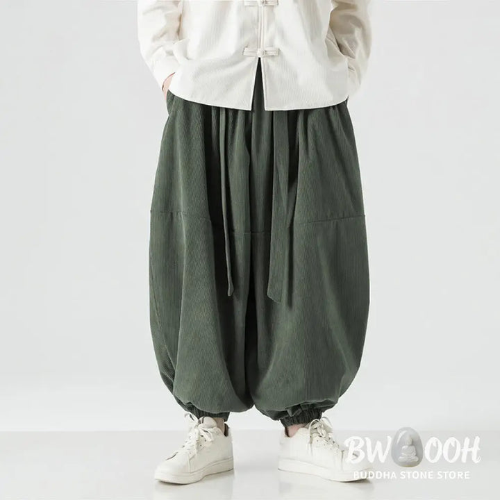 Buddha Stones Winter Solid Color Men’s Harem Pure Cotton Corduroy Pants With Pockets - Men’s Harem Pants