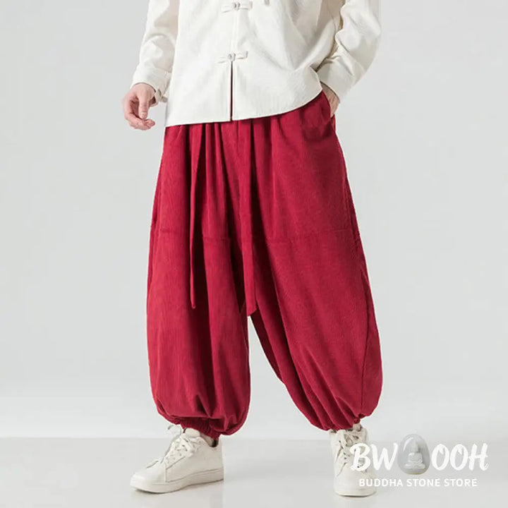 Buddha Stones Winter Solid Color Men’s Harem Pure Cotton Corduroy Pants With Pockets - Men’s Harem Pants