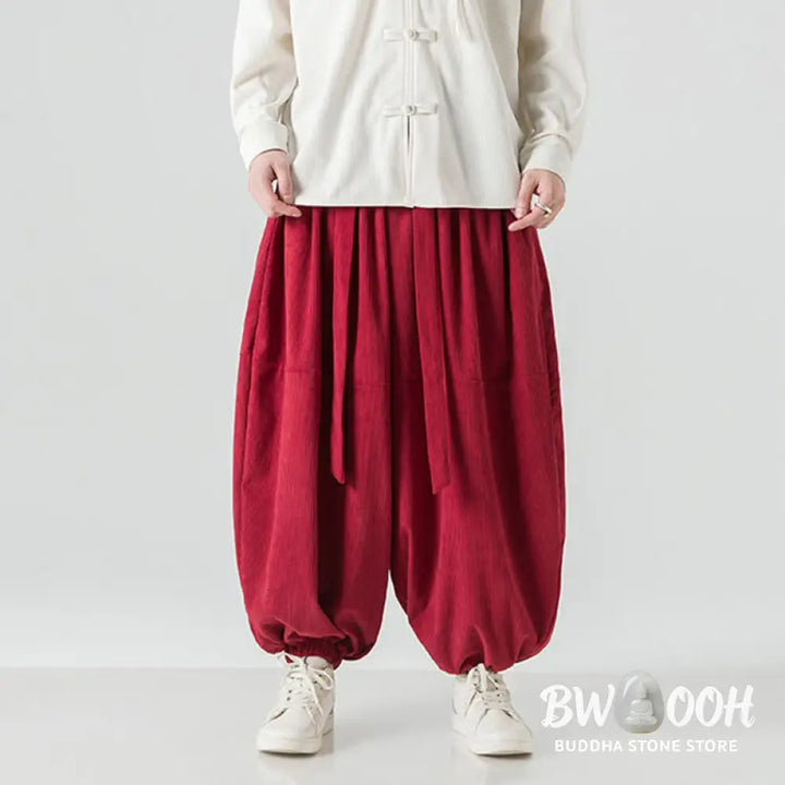 Buddha Stones Winter Solid Color Men’s Harem Pure Cotton Corduroy Pants With Pockets - Men’s Harem Pants