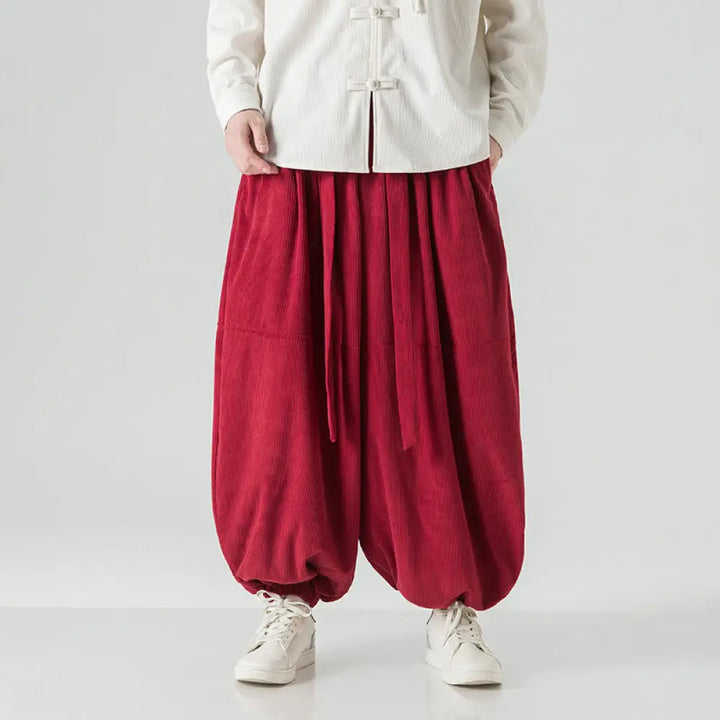 Buddha Stones Winter Solid Color Men’s Harem Pure Cotton Corduroy Pants With Pockets - Crimson / US/UK/AU36，EU46(M)
