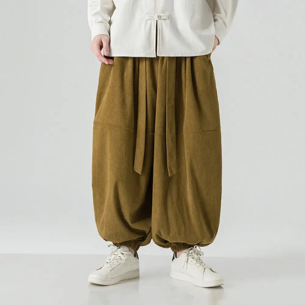Buddha Stones Winter Solid Color Men’s Harem Pure Cotton Corduroy Pants With Pockets - DarkGoldenrod