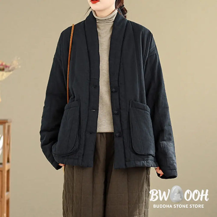 Buddha Stones Winter Solid Long Sleeve Cotton Women’s Thermal Jacket With Pockets - Women’s Jacket