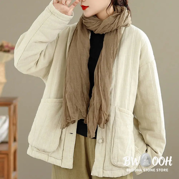 Buddha Stones Winter Solid Long Sleeve Cotton Women’s Thermal Jacket With Pockets - Women’s Jacket