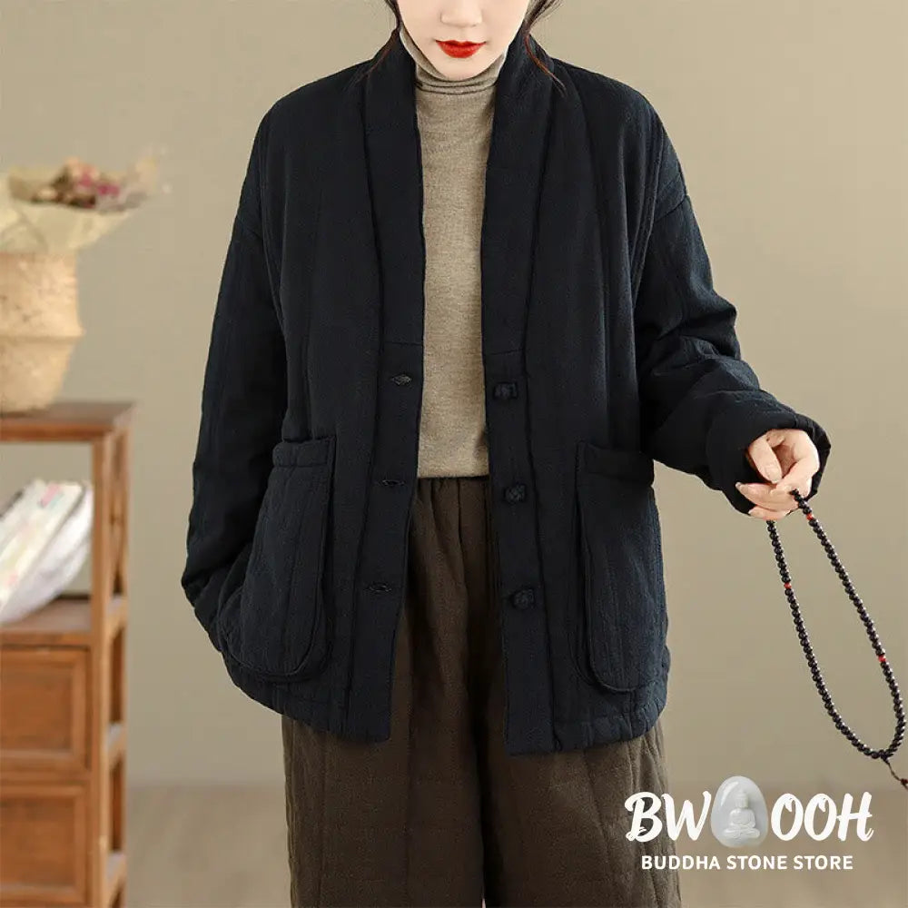 Buddha Stones Winter Solid Long Sleeve Cotton Women’s Thermal Jacket With Pockets - Women’s Jacket