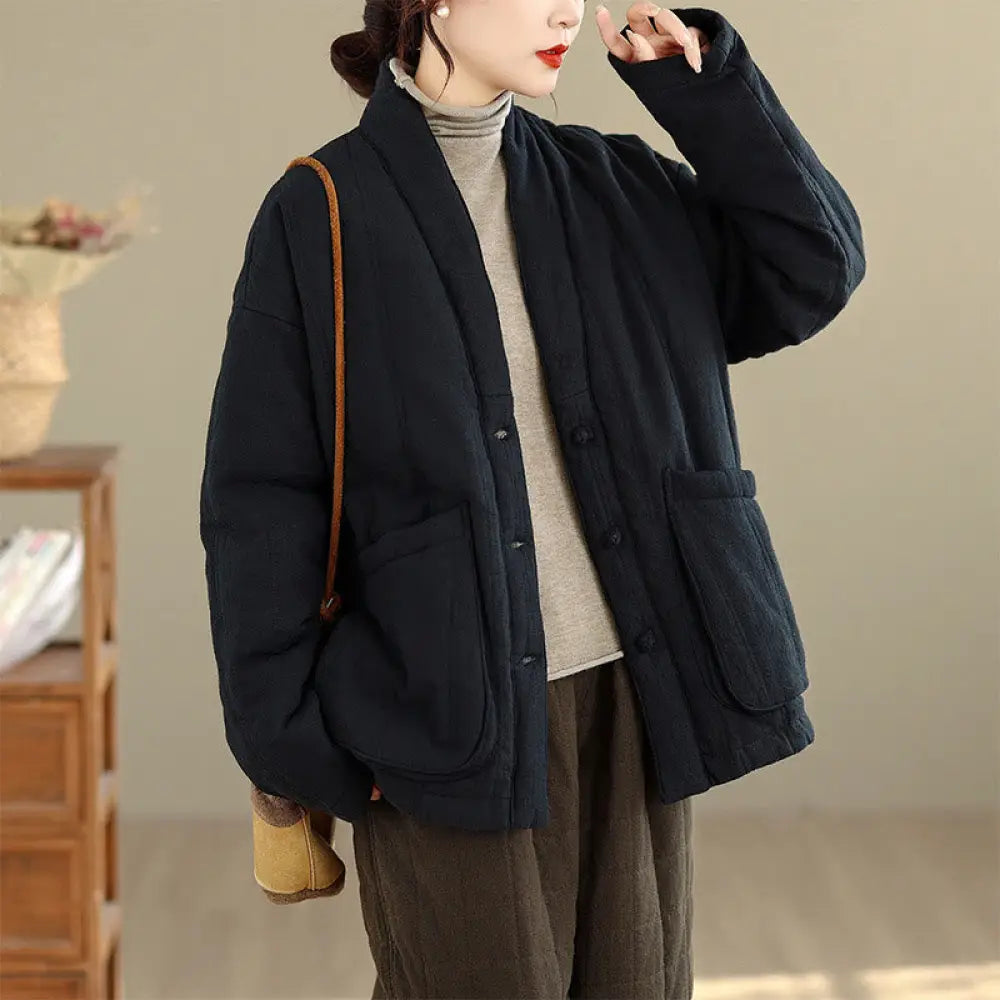 Buddha Stones Winter Solid Long Sleeve Cotton Women’s Thermal Jacket With Pockets - Black / US4，UK/AU8，EU36 (M)