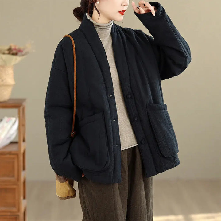 Buddha Stones Winter Solid Long Sleeve Cotton Women’s Thermal Jacket With Pockets - Black / US4，UK/AU8，EU36 (M)