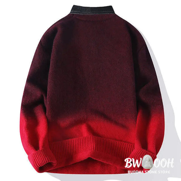Buddha Stones Winter Stand Collar Gradient Color Design Warm Men’s Long Sleeve Knitted Sweater - Men’s Sweater