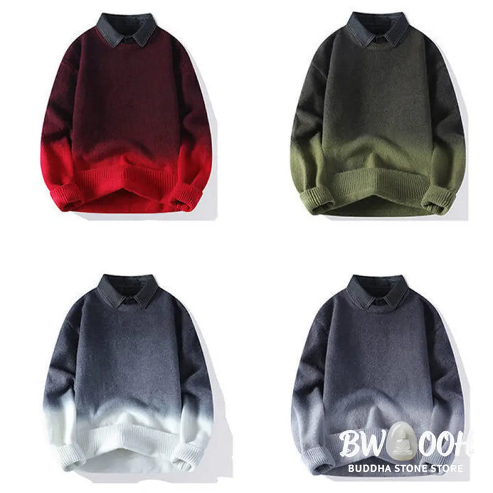 Buddha Stones Winter Stand Collar Gradient Color Design Warm Men’s Long Sleeve Knitted Sweater - Men’s Sweater