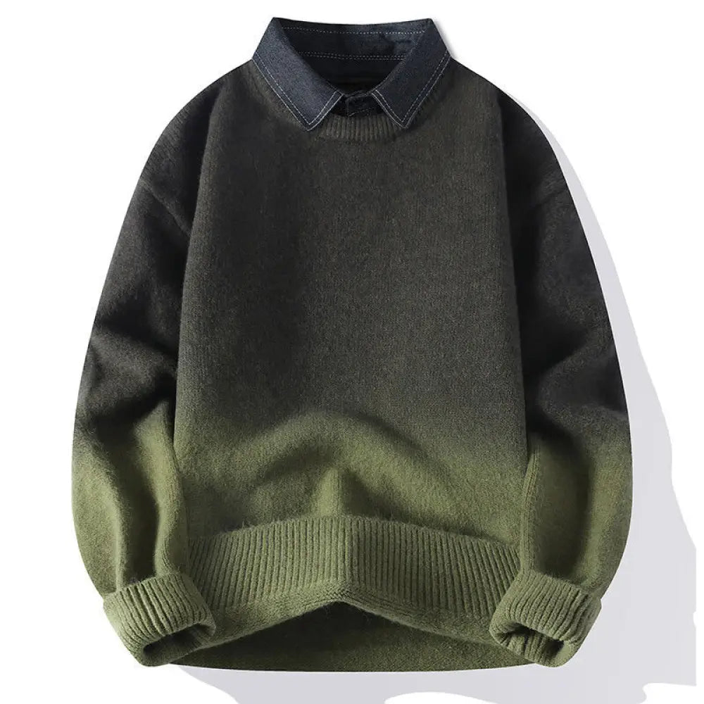 Buddha Stones Winter Stand Collar Gradient Color Design Warm Men’s Long Sleeve Knitted Sweater - OliveDrab