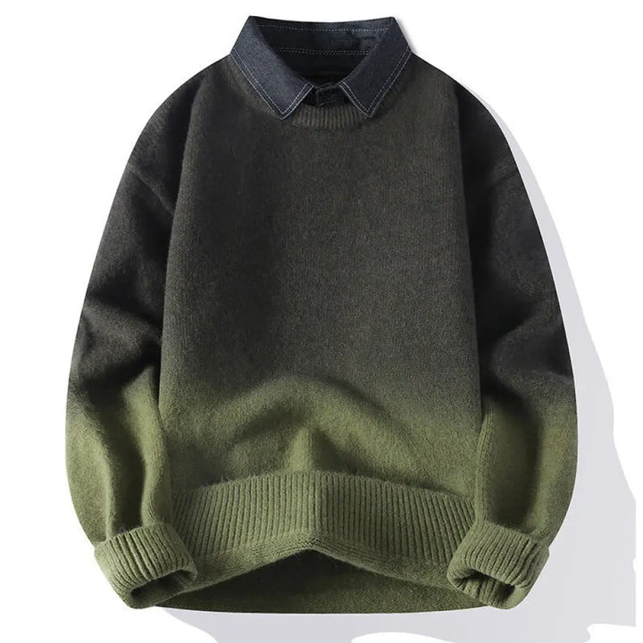 Buddha Stones Winter Stand Collar Gradient Color Design Warm Men’s Long Sleeve Knitted Sweater - OliveDrab