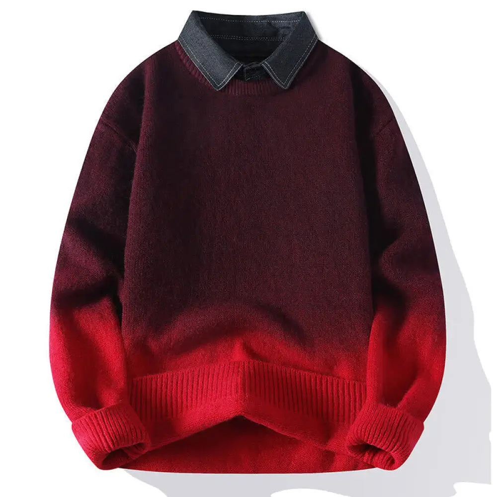 Buddha Stones Winter Stand Collar Gradient Color Design Warm Men’s Long Sleeve Knitted Sweater - Red / US/UK/AU36，EU46