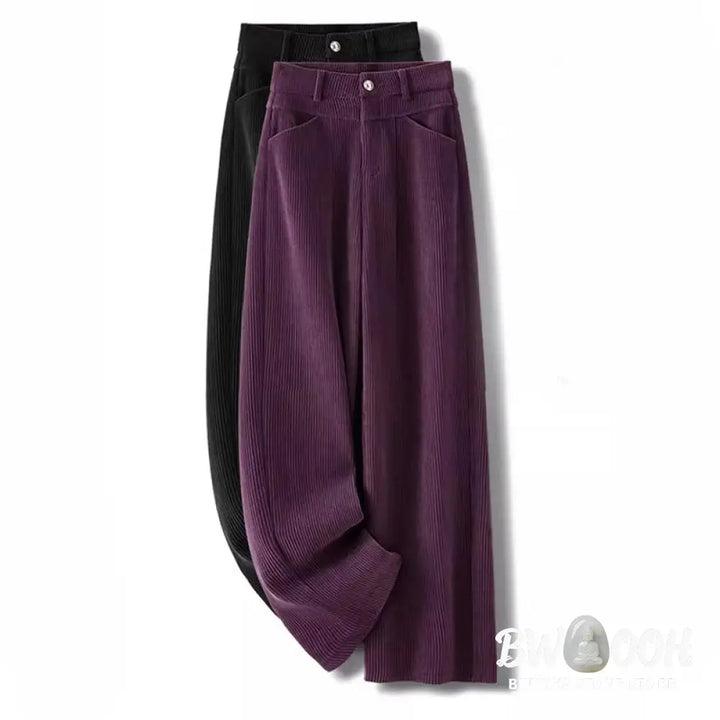 Buddha Stones Winter Straight Leg Design Cotton Corduroy Women’s Wide Leg Pants With Pockets - Women’s Wide Leg Pants