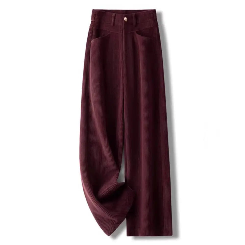 Buddha Stones Winter Straight Leg Design Cotton Corduroy Women’s Wide Leg Pants With Pockets - DarkRed