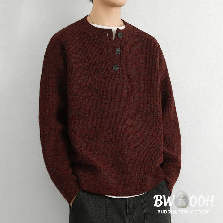 Buddha Stones Winter V-Neck Buttons Ribbed Design Warm Men’s Long Sleeve Knitted Sweater - Men’s Sweater