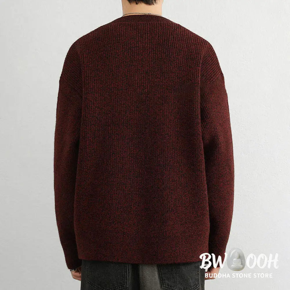 Buddha Stones Winter V-Neck Buttons Ribbed Design Warm Men’s Long Sleeve Knitted Sweater - Men’s Sweater