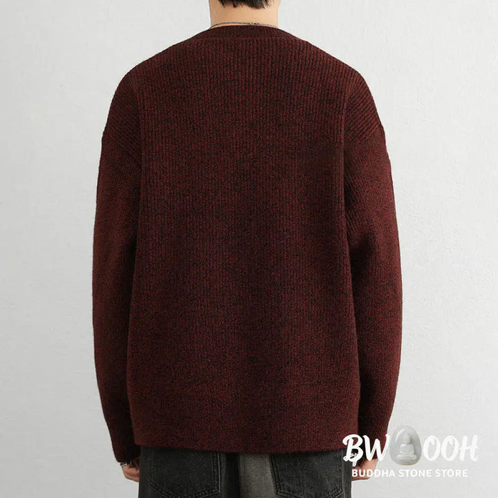 Buddha Stones Winter V-Neck Buttons Ribbed Design Warm Men’s Long Sleeve Knitted Sweater - Men’s Sweater
